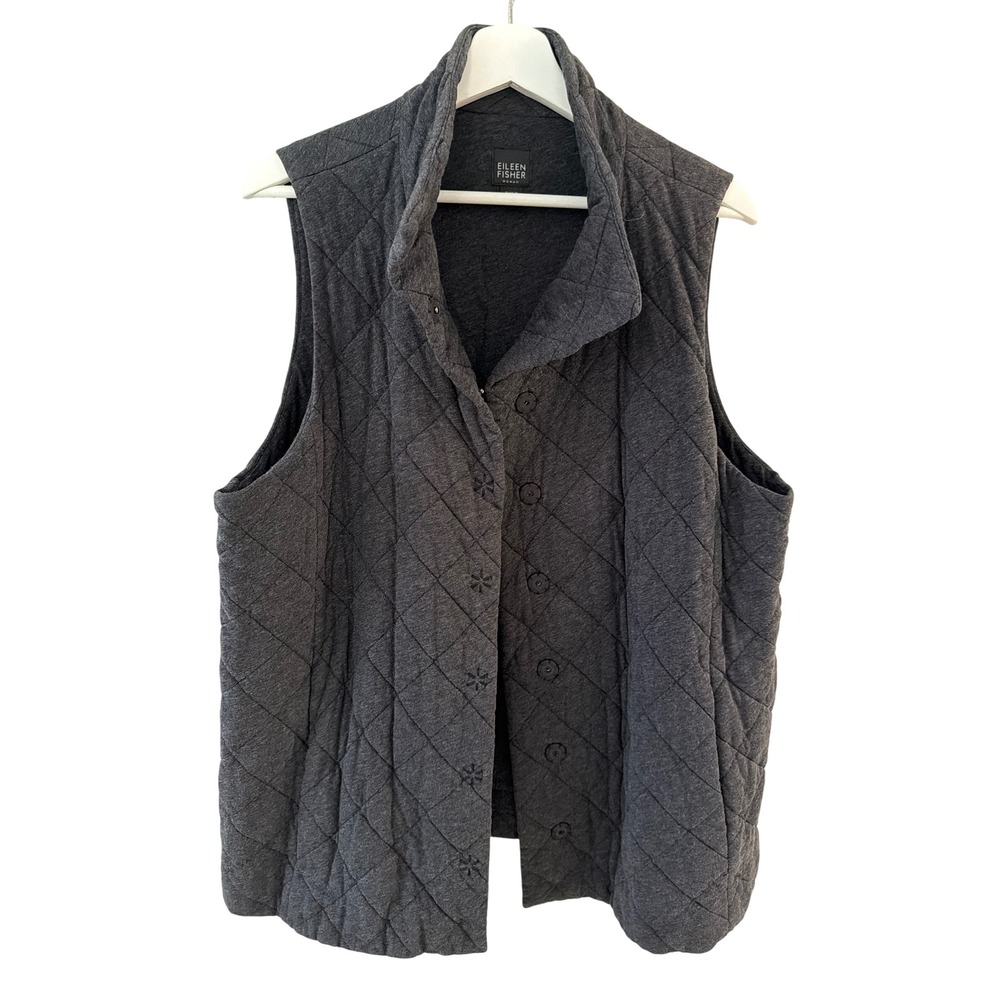 Eileen Fisher Woman Charcoal Gray Quilted Cotton Snap‎ Front Vest F7PB-4 1X